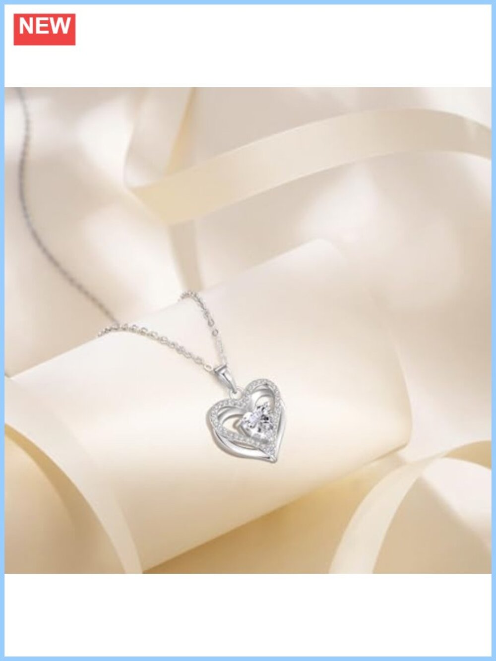 1CT Moissanite Double Heart Necklace S925 Sterling Silver 18K White Gold Plated - Picture 3 of 6
